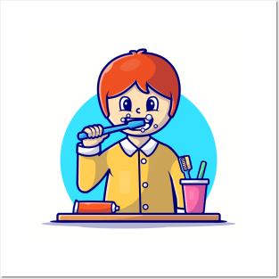 Cute Boy brushes teeth Cartoon Vector Icon Illustration Posters and Art